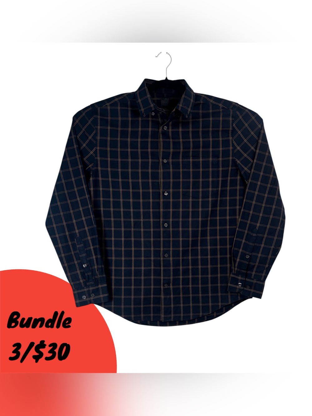 H&M Navy Plaid Button-Down Dress Shirt With Brown Grid 100% Cotton Men’s Casual